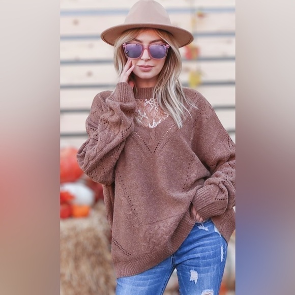 andthewhy Sweaters - ANDTHEWHY Mocha Oversized Lace V-Neck Openwork Cable Knit Sweater Size S/M